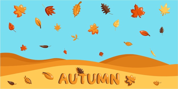 Vector flat illustration of falling autumn foliage on blue sky background