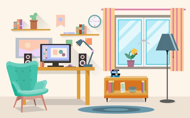 Vector flat illustration of modern office, workspace, workplace with computer in room.