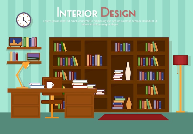 Vector flat illustration of room lounge with bookshelf table