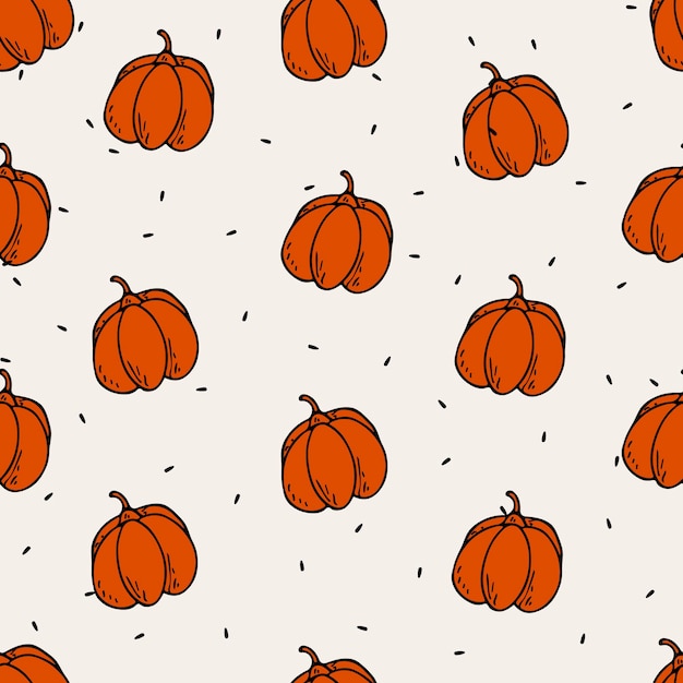 Vector flat illustration seamless pattern on an autumn theme. Pumpkin doodle objects are cut out. Background decoration.