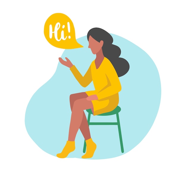 Vector flat illustration of sitting girl with speech bubbles in minimalist style. Woman speaking Hi. Used for social networks, users app.