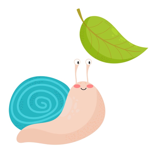 Vector flat illustration of a small snail Cute snail with leaf isolated on white background in cartoon style