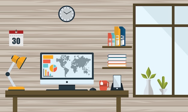 Vector flat illustration. Workplace concept. Modern home office interior - Vector