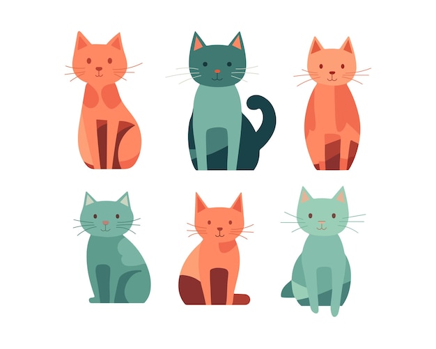 Vector flat kitty set cute simple cat collection domestic pet cat day animal vet adoption