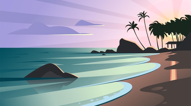 Vector flat landscape illustration of wild nature summer sunset on beach view with sky, sea coast, ocean, palm trees. For travel banners, cards, vacation and touristic advertising, brochures, flayer.