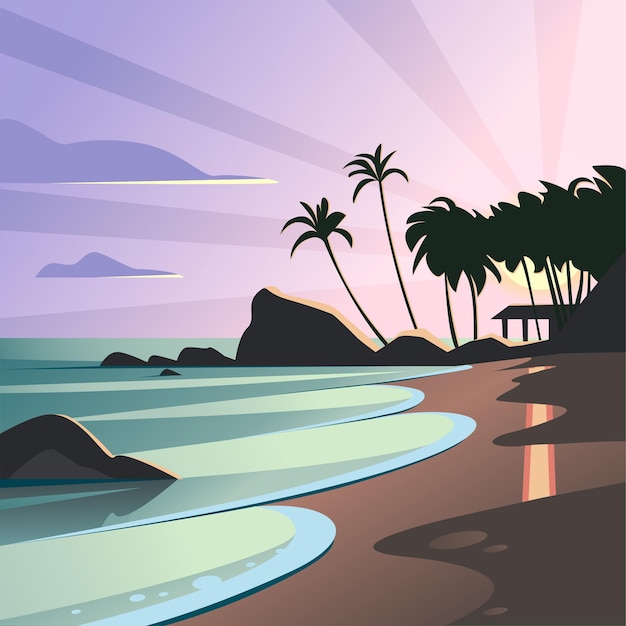 Vector flat landscape illustration of wild nature summer sunset on beach view with sky, sea coast, ocean, palm trees. For travel banners, cards, vacation and touristic advertising, brochures, flayer.