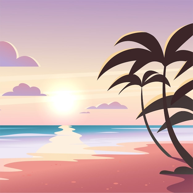 Vector flat landscape illustration of wild nature summer sunset on beach view with sky, sea coast, ocean, palm trees. For travel banners, cards, vacation and touristic advertising, brochures, flayer.