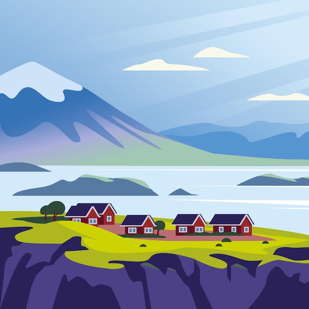 Vector flat landscape minimalistic illustration of wild nordic nature view: sky, mountains, water, cozy houses on sea coast. For travel banner, card, vacation touristic advertising, brochure, flayer.