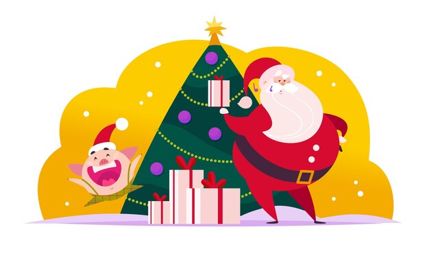 vector flat merry christmas illustration of santa claus cute pig elf at decorated new year fir tree