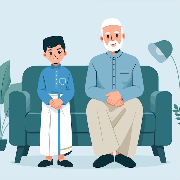 vector flat Muslim child talking to his parents