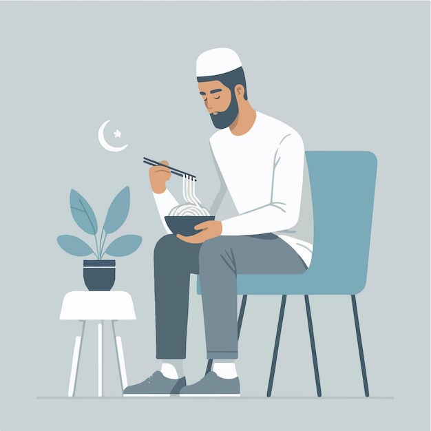 vector flat muslim man eating ramen illustration