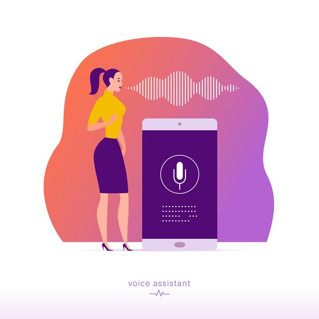 Vector flat personal online assistant illustration. Office girl with smartphone microphone dynamic icon, sound waves. UI, UX, mobile app, web site concept for voice recognition landing page design.