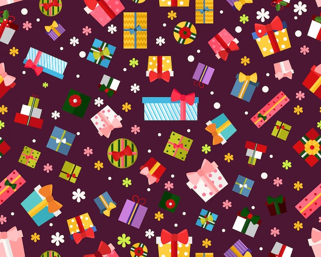 Vector flat seamless texture pattern gift box.