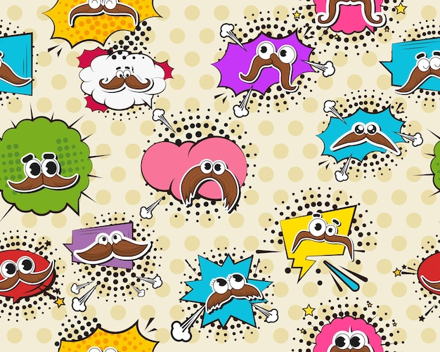 Vector flat seamless texture pattern Hand drawn flat trendy cartoon elements collection Mustaches