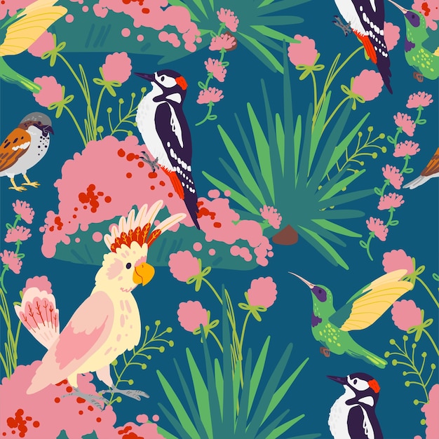 Vector vector flat seamless tropical pattern with hand drawn jungle plants, exotic birds and floral wild nature elements isolated on blue background. good for packaging paper, cards, wallpapers, gift tags.