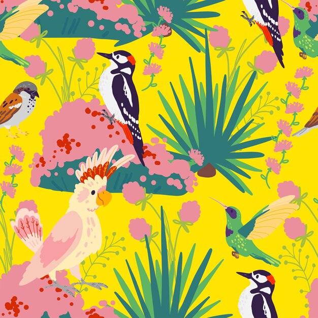 Vector vector flat seamless tropical pattern with hand drawn jungle plants, exotic birds and floral wild nature elements isolated on yellow background. good for packaging paper, cards, wallpapers, gift tags.