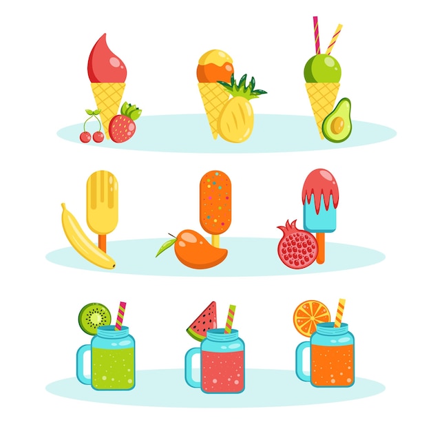 Vector flat set of fruit cocktails in glass jars and ice cream