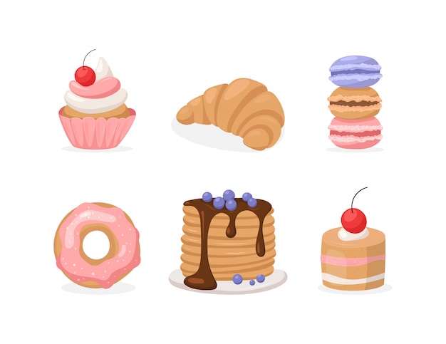 Vector flat set of sweets: donut, cake and pancake