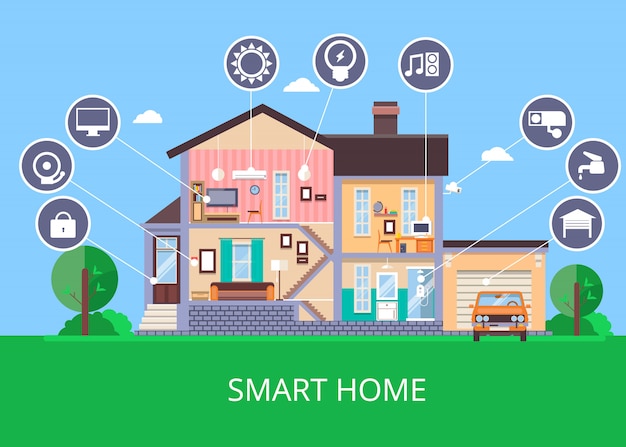 Vector flat smart home in cut view