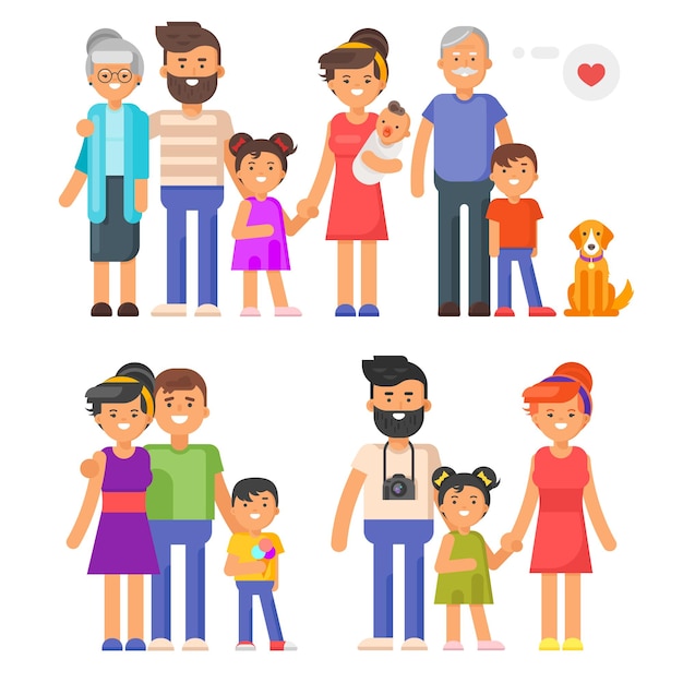 Vector flat style family set. Parents, grandparents, kids. Isolated on white background.