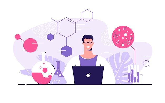 Vector vector flat style illustration of a young scientist with laptop in a medical research chemical lab