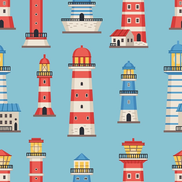 Vector flat style lighthouses with searchlight marine navigation seamless pattern