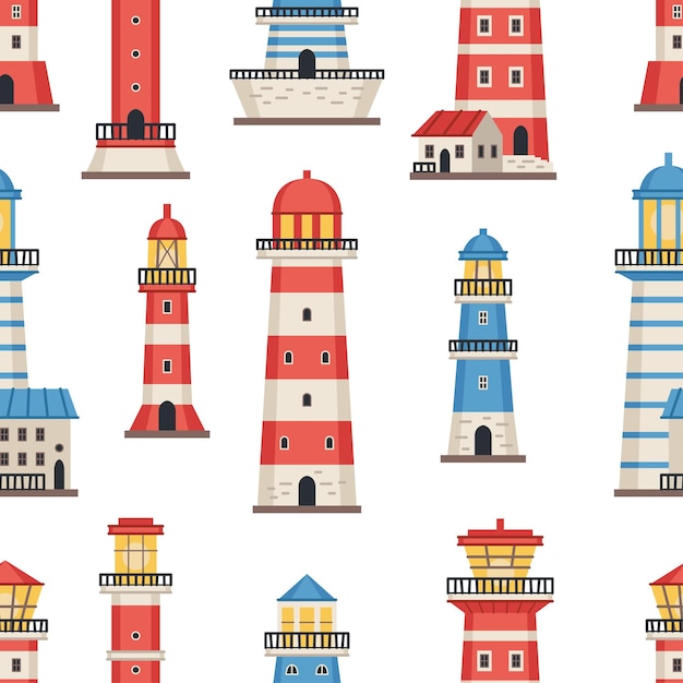 Vector flat style lighthouses with searchlight marine theme seamless pattern