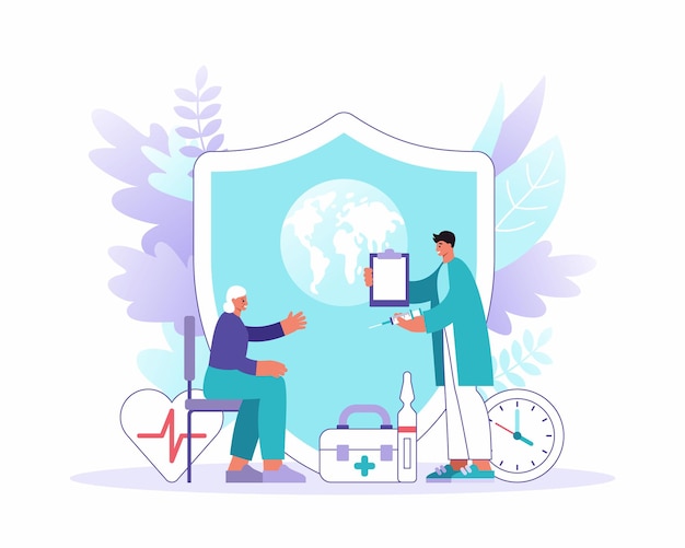 Vector flat style llustration of male medical practitioner with clipboard and syringe visiting senior female patient against huge shield with Earth symbol. World immunization week