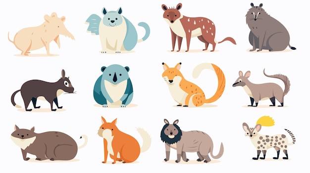 Vector Flat Style Set of Animals Rhinoceros and Wolf