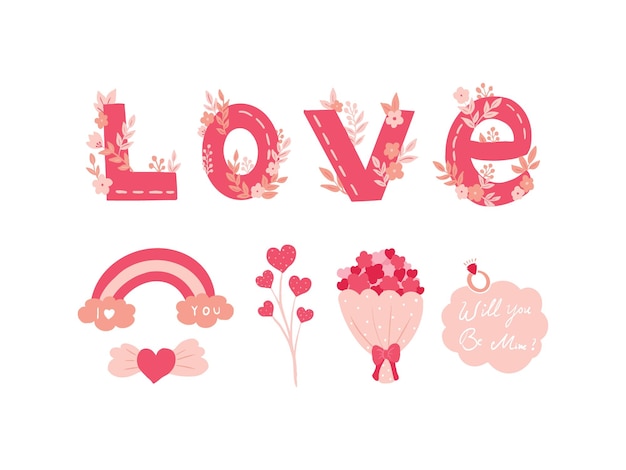 Vector Flat Valentines day celebration flower gift love Illustration