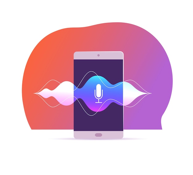 Vector flat voice recognition illustration with smartphone screen, dynamic microphone icon on it, sound waves, stand isolated. Artificial intelligence, personal assistant, modern technologies concept.