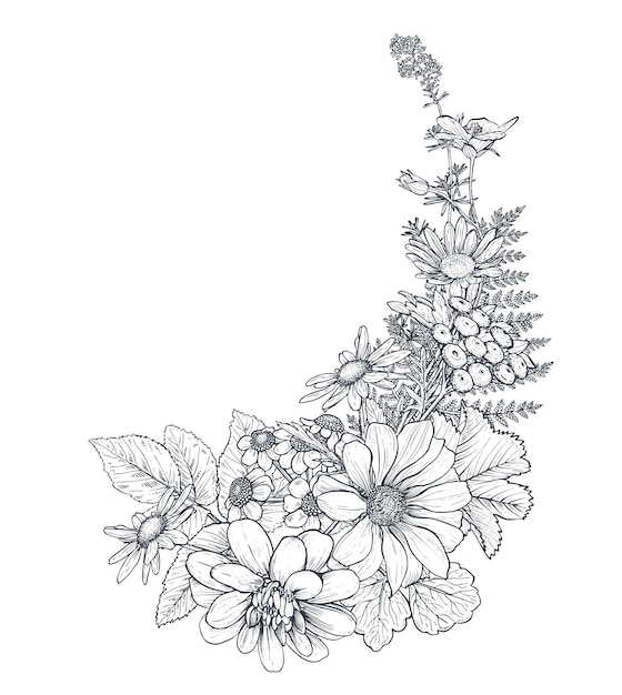 Vector floral bouquet composition with black and white hand drawn herbs and wildflowers