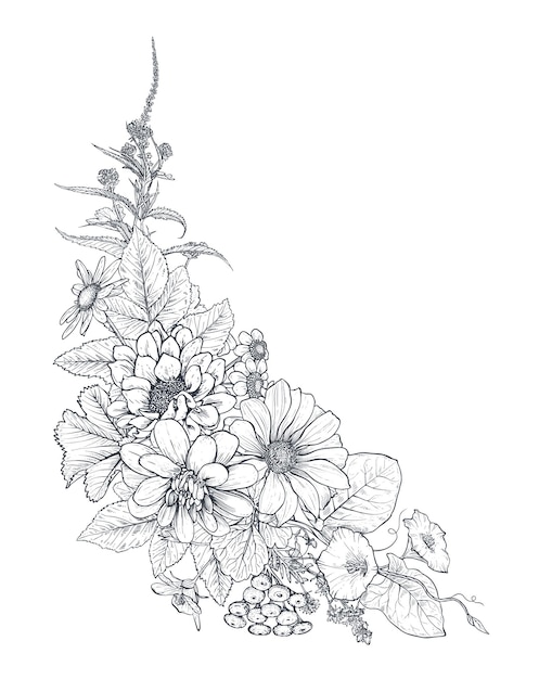 Vector floral bouquet composition with black and white hand drawn herbs and wildflowers