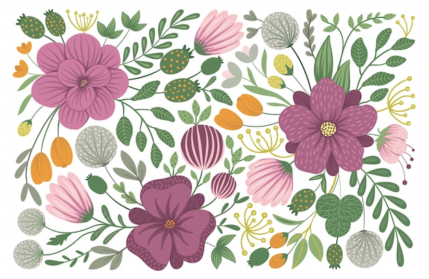 Vector floral design. Flat trendy illustration with flowers, leaves, branches. Meadow, woodland, forest clip art.