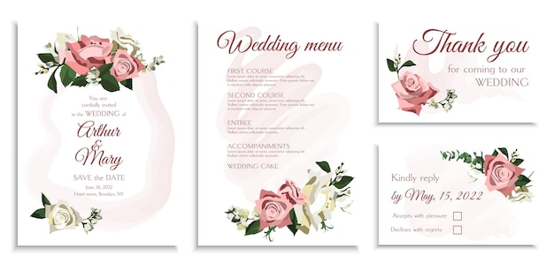 Vector floral design wedding invitation card set with roses, jasmine and eucalyptus.