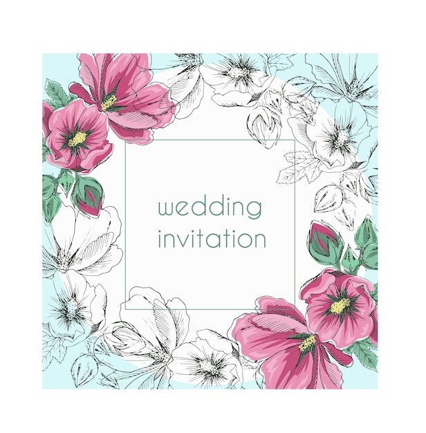 Vector floral frame with sketching hand drawn flowers