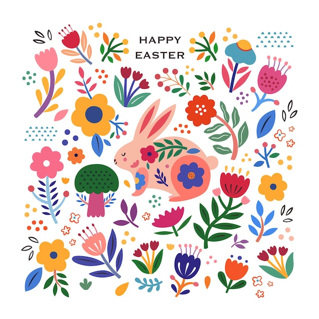 Vector floral illustration with flowers and Easter bunny