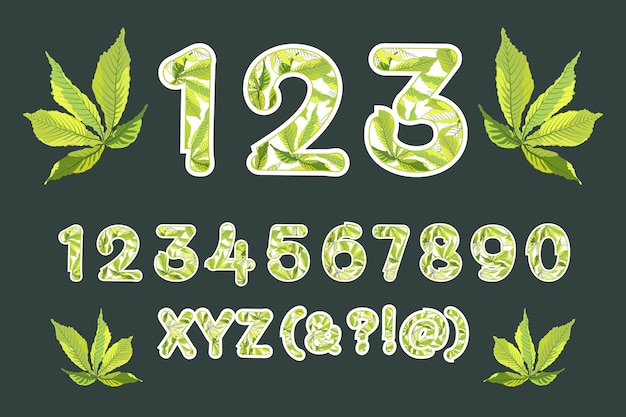 Vector floral numbers from 0 to 9. Botanical character, figure. Green tropical leaves.