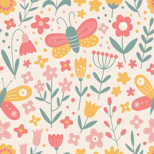 Vector floral pattern in doodle style with decorative butterflies flowers and leaves