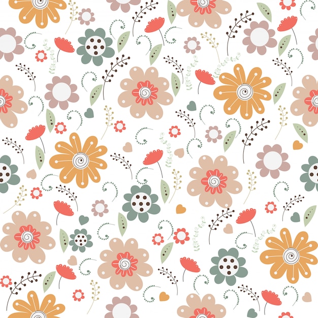 Vector floral pattern in doodle style with flowers and leaves