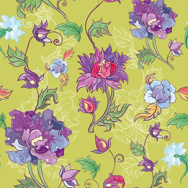 Vector floral pattern with chrysanthemum, peony, aster. Asian theme. Colored pattern with flowers. 