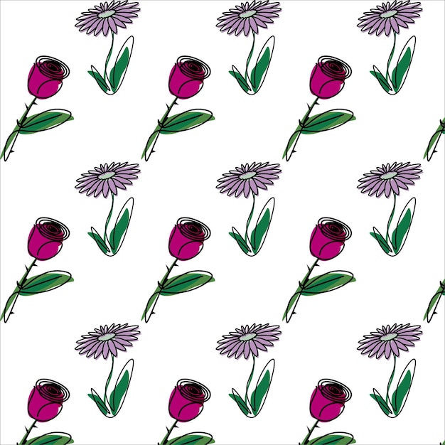 Vector floral pattern with pink and lilac flowers on white background, wallpaper with floral pattern