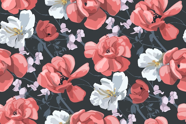 Vector floral seamless pattern Beautiful white and red flowers on a slate background