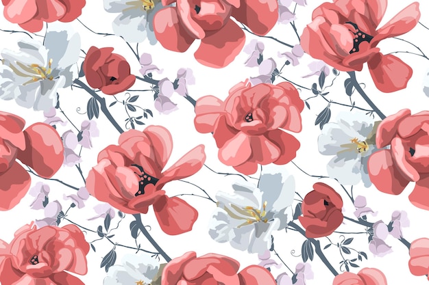 Vector floral seamless pattern Beautiful white and red flowers on a white background