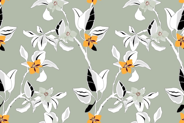 Vector floral seamless pattern Black and white grayscale branches with leaves flowers