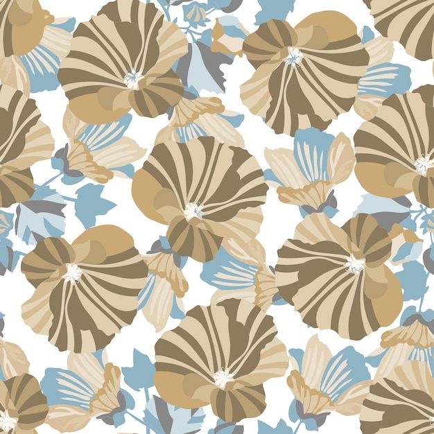 Vector floral seamless pattern in blue and coffee tones. Stylized mallows on a white background.