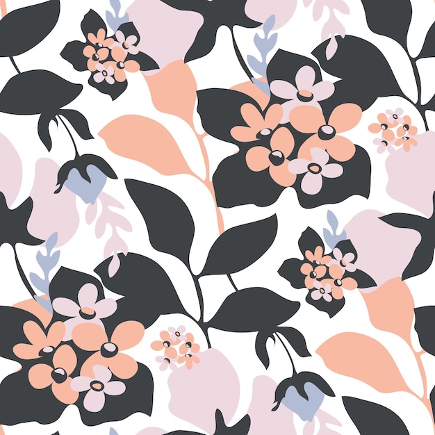 Vector floral seamless pattern. Blue, pink, dark and beige flowers and leaves on a white background.