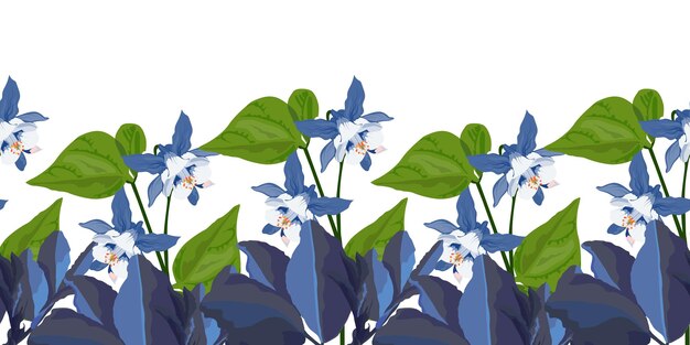 Vector floral seamless pattern, border. Horizontal panoramic design with blue flowers.