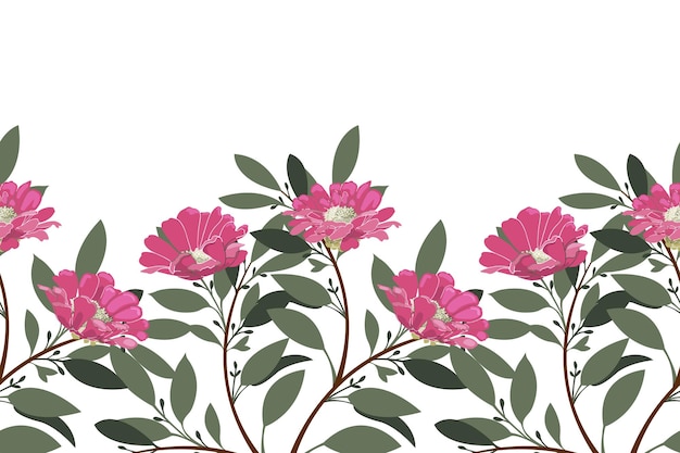 Vector floral seamless pattern border Horizontal panoramic design with pink flowers