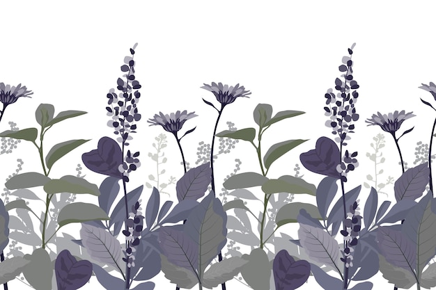 Vector floral seamless pattern, border. Horizontal panoramic design with purple flowers.